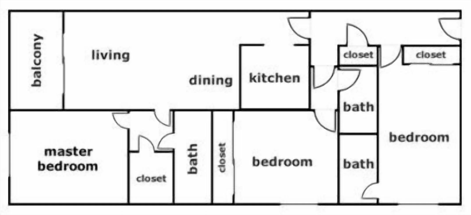 Plano de una casa con balcón, sala de estar, comedor, cocina, habitación principal y dos dormitorios.