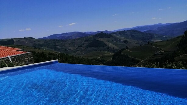 Une piscine d’un bleu éclatant, avec vue sur des vignobles en terrasses et des montagnes en arrière-plan.