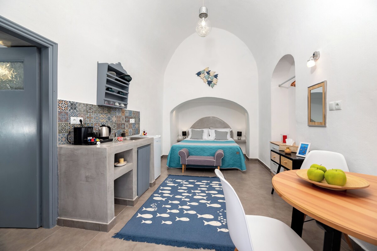 Ein kompakter Raum mit Küchenzeile, einem Bett mit türkisfarbenem Überwurf, einer Essecke mit Holztisch und Stühlen sowie einem blauen Teppich mit Fischmotiven.