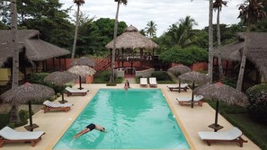 Outdoor pool, pool umbrellas, pool loungers