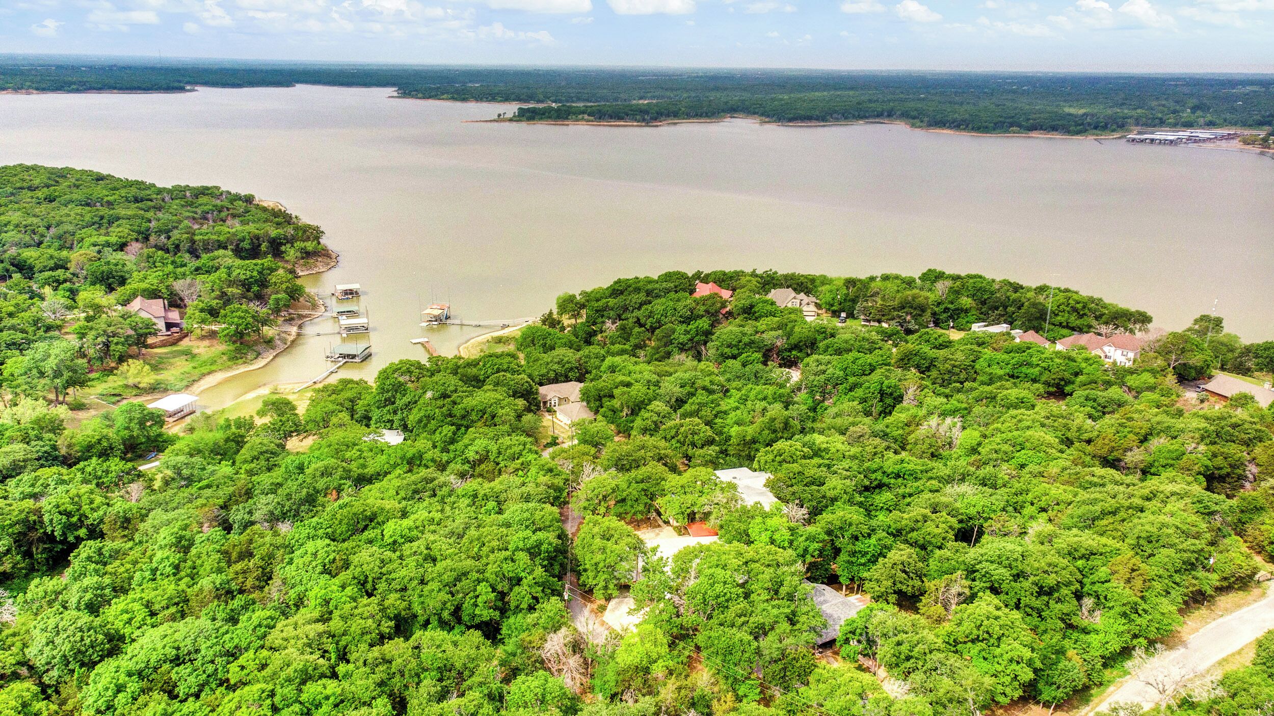 Vista aérea de una zona costera con abundante vegetación, un puerto deportivo con barcos y edificios residenciales.