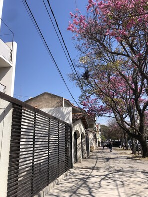 A narrow street lined with traditional buildings and a tree with pink blossoms. - Simpatico Loft Centrico (Salta)