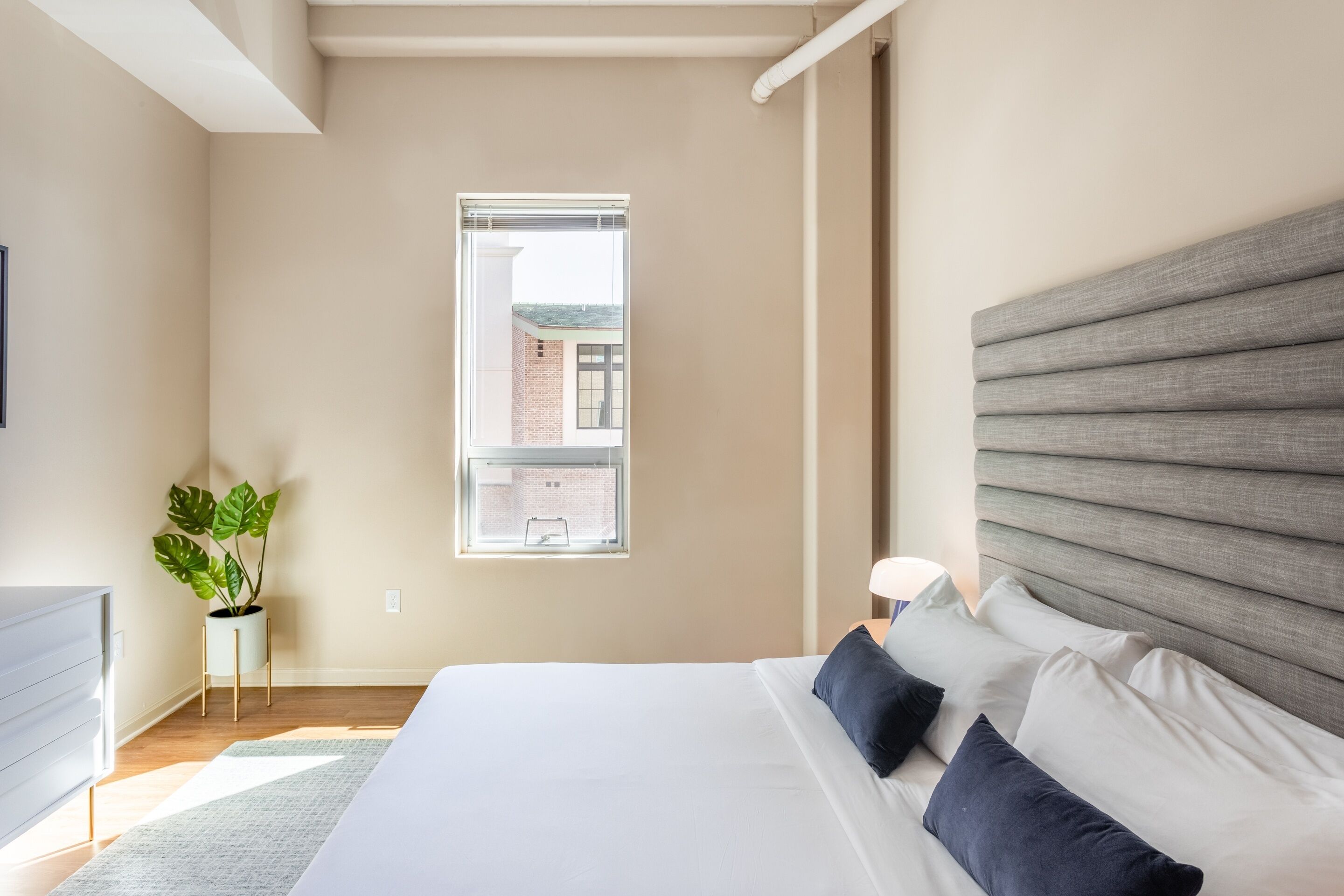 A modern bedroom with a large bed, a potted plant, and a window with a view of buildings.