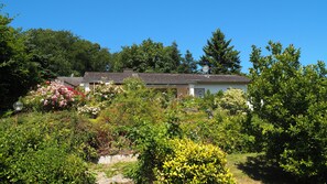Une maison entourée d’une végétation luxuriante et de plantes en fleurs.