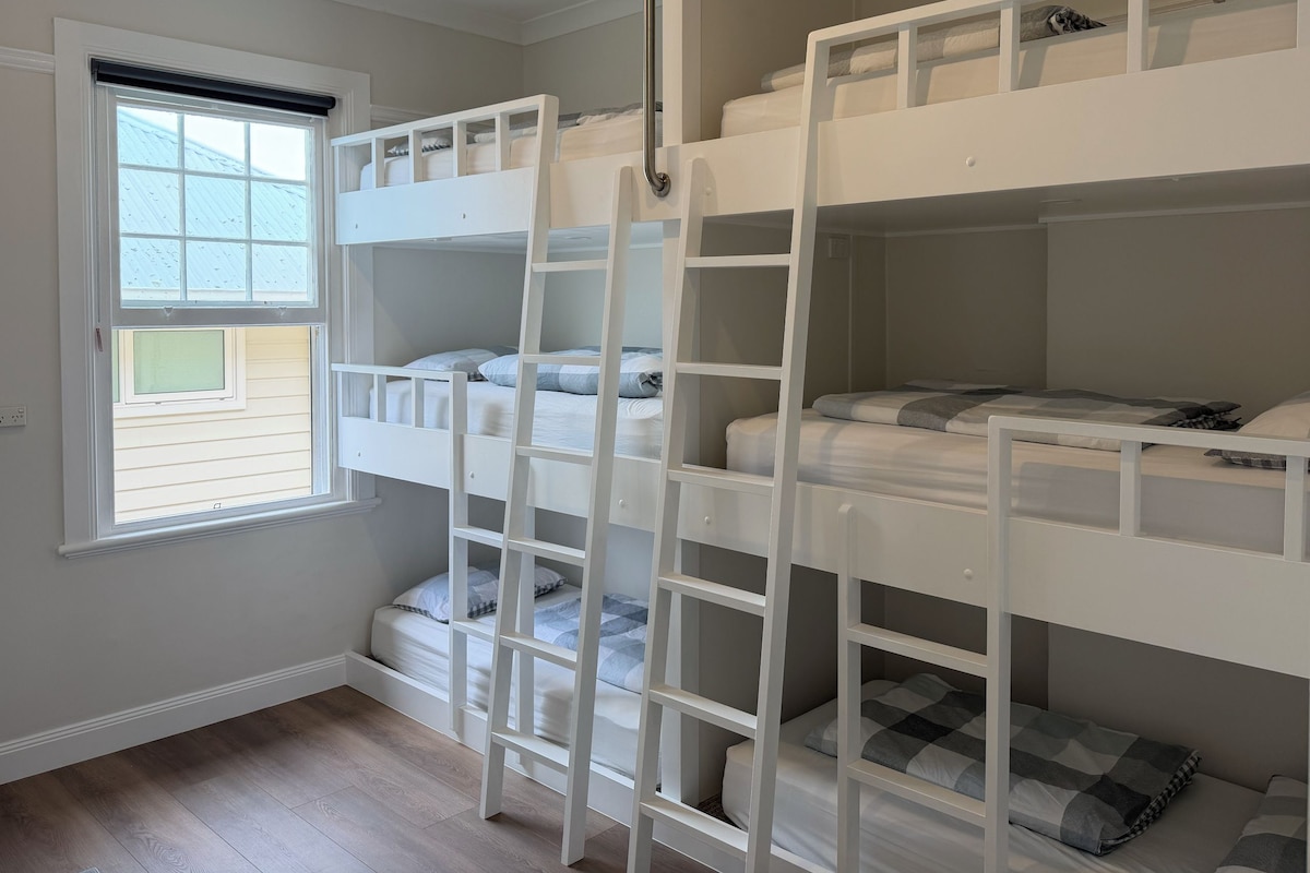 A bunk bed room with a window, a ladder, and a door.