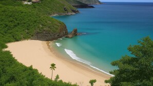 A coastal landscape with a sandy beach, lush greenery, and a clear view of the ocean. - 5 bedroom villa with pool in stunning clifftop location next to gorgeous beach (Rogues Bay)