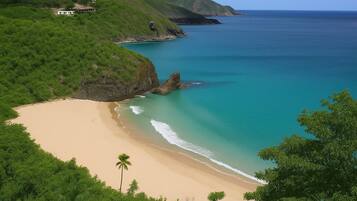 Perto da praia, espreguiçadeiras, toalhas de praia
