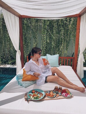 Outdoor pool, pool umbrellas, pool loungers