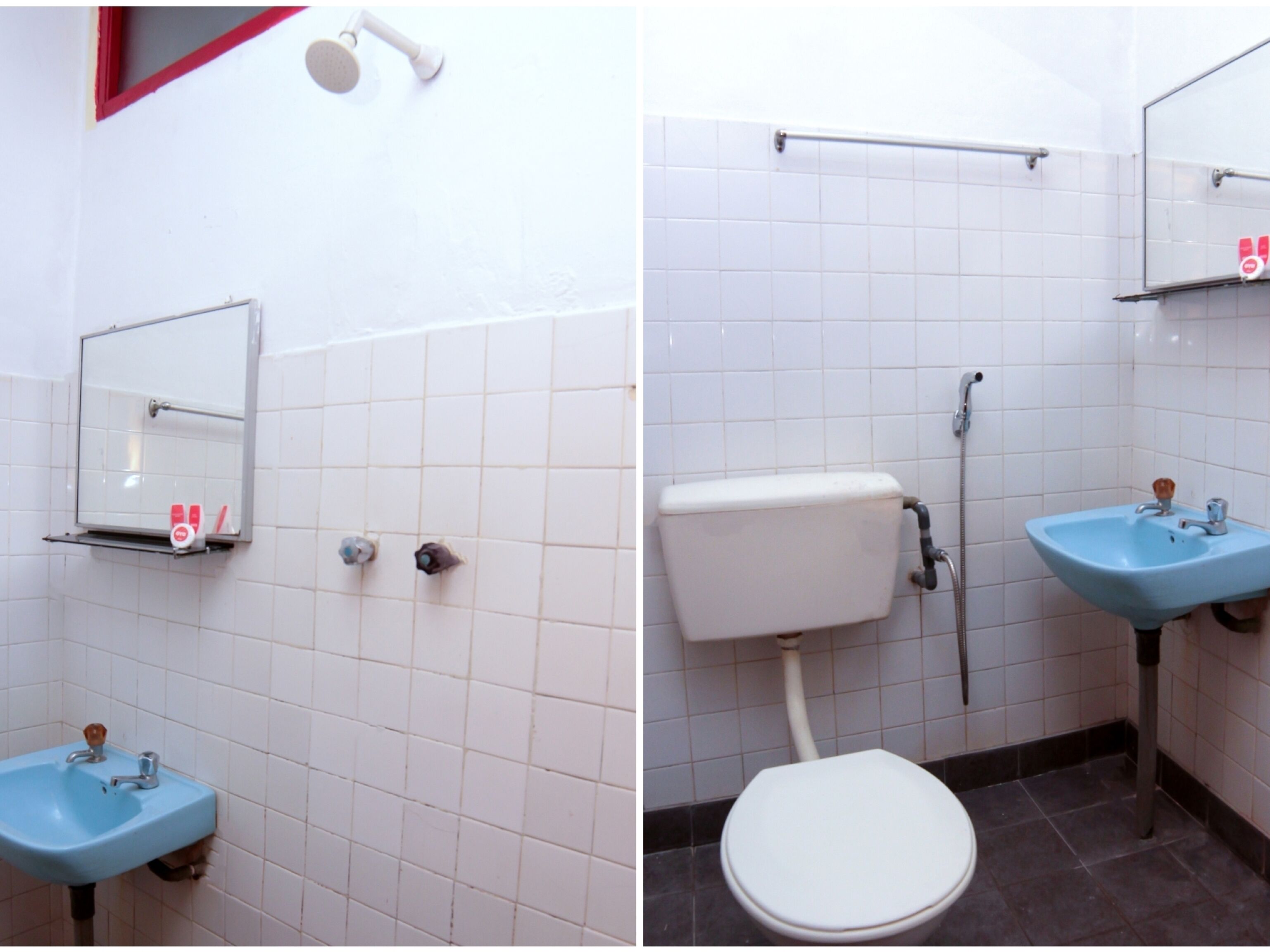 A bathroom with a toilet, sink, and mirror.