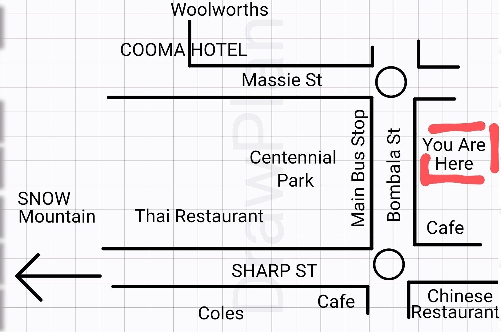 A map of a hotel area with Woolworths, COOMA HOTEL, MASSIE ST, CENTENNIAL PARK, SHARP ST, SNOW MOUNTAIN, Thai Restaurant, Main Bus Stop, Bombala St, Cafe, and Chinese Restaurant.