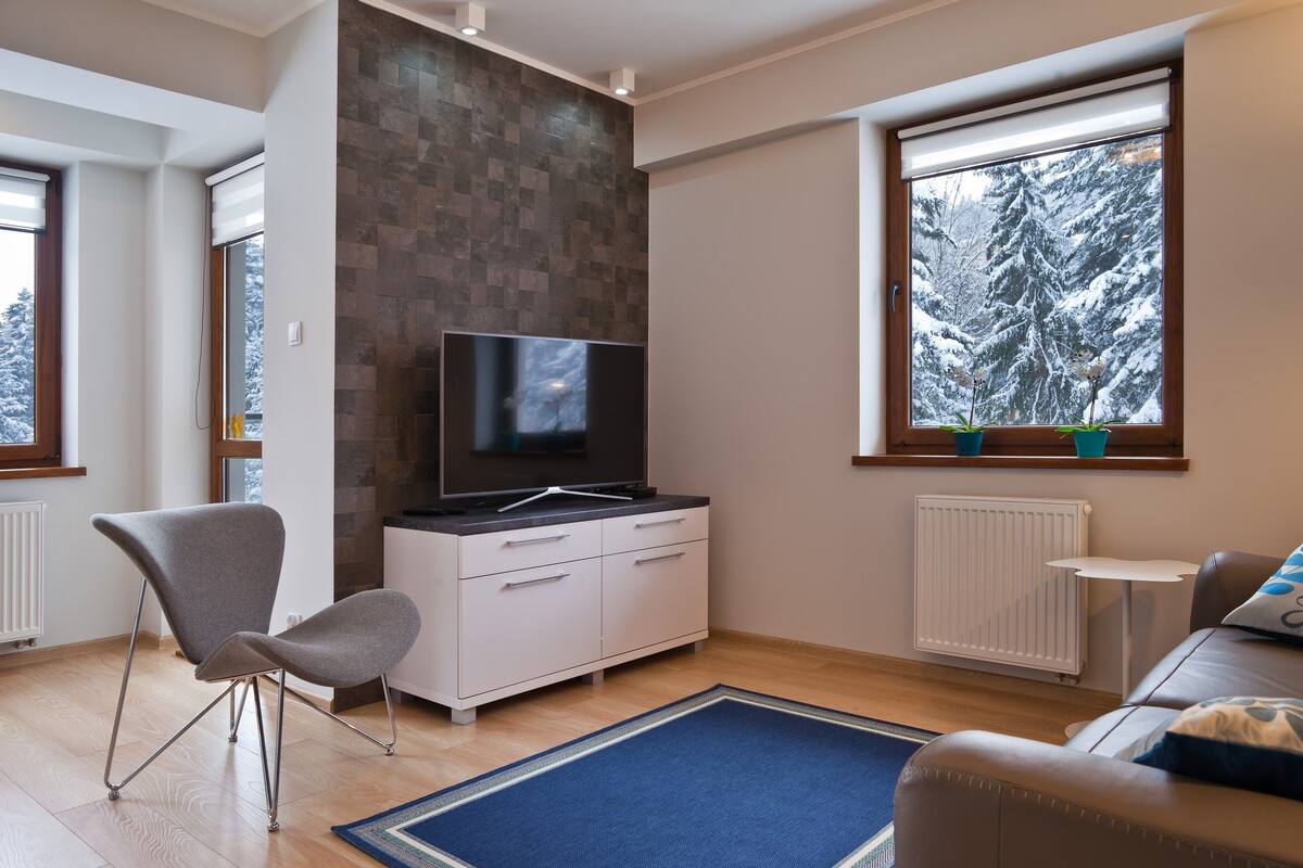 Un salon moderne avec un téléviseur à écran plat posé sur un meuble blanc, un fauteuil gris, un canapé marron et une grande fenêtre donnant sur un paysage enneigé.