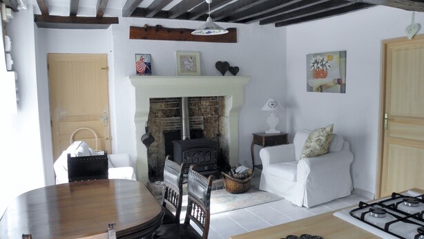 A cozy living room with a fireplace, a dining table, and a sofa.