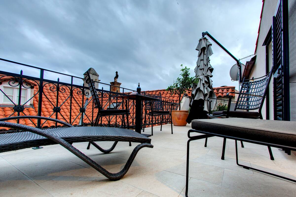 A rooftop terrace with a wrought iron fence, a wicker table, and a potted plant.