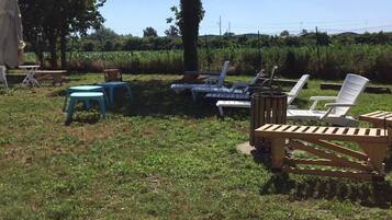 Un área de estar al aire libre con sillas de jardín y mesas, rodeada de árboles y un campo cubierto de césped.