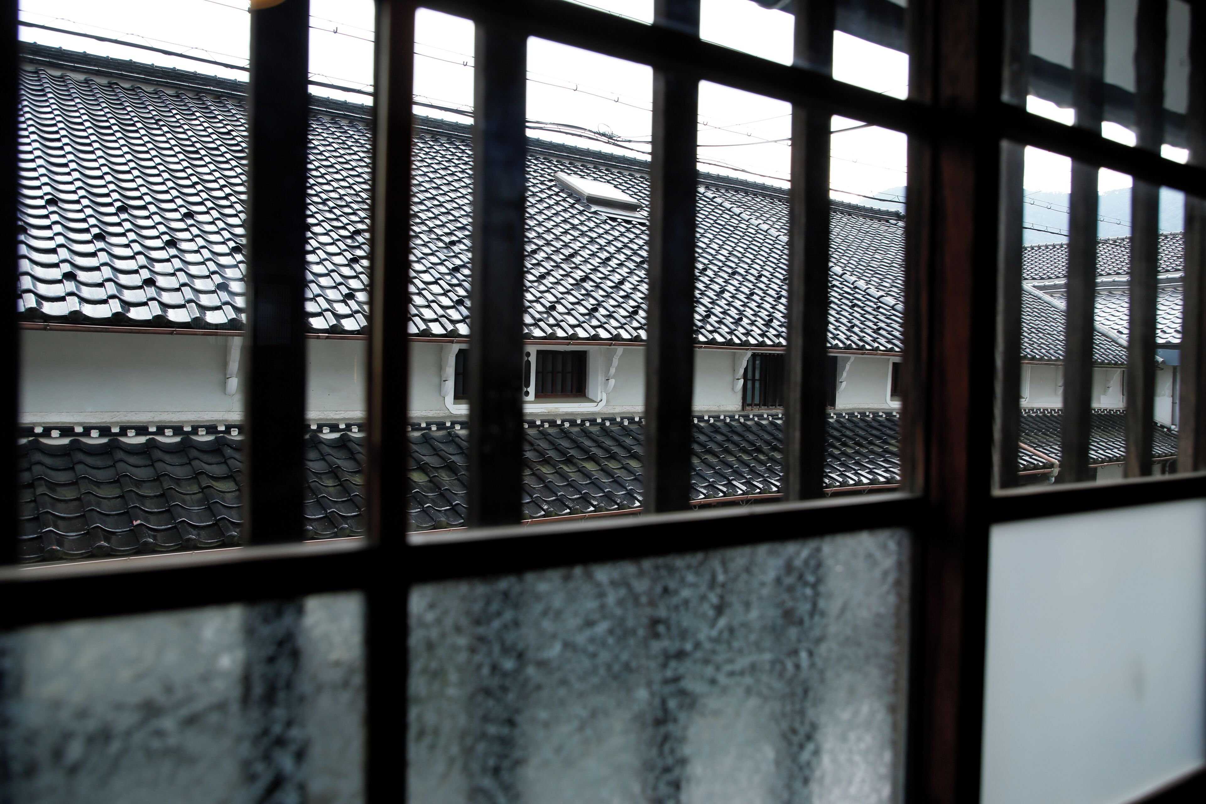 A view through a window with a tiled roof and a white wall.