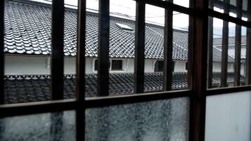 A view through a window with a tiled roof and a white wall.