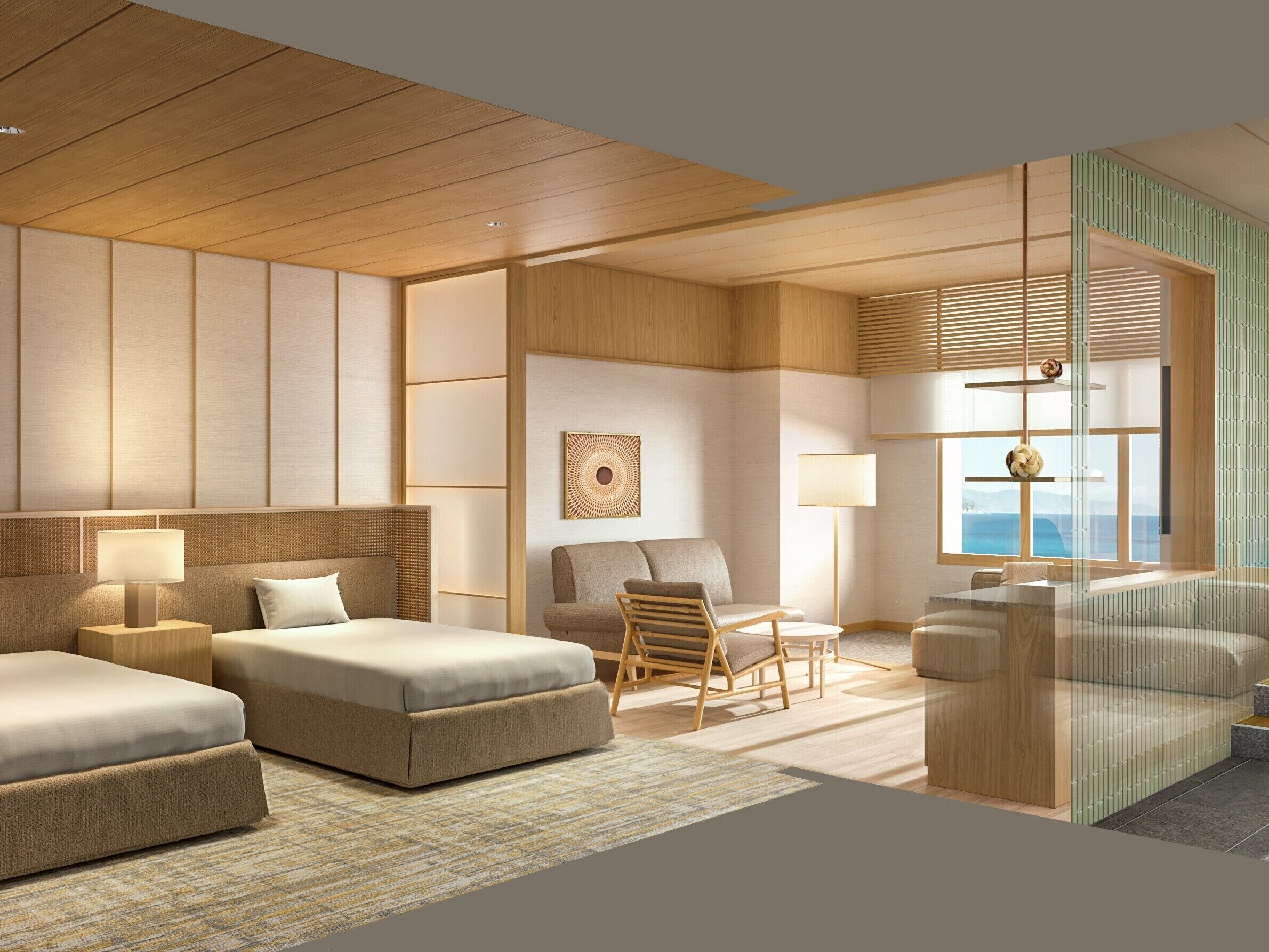 Quarto duplo premium, banheira de imersão, vista para o oceano | Cofres nos quartos, roupa de cama