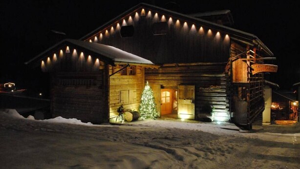 A wooden cabin with a snow-covered roof, a lit Christmas tree, and a staircase leading to a loft area. - Hotel Garni Plueme (Sauris)