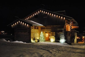 A wooden cabin with a snow-covered roof, a lit Christmas tree, and a staircase leading to a loft area. - Hotel Garni Plueme (Sauris)