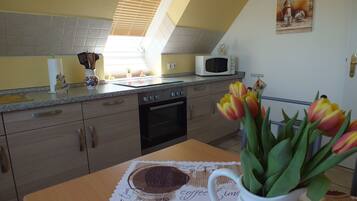 Kühlschrank, Mikrowelle, Herdplatte, Wasserkocher mit Kaffee-/Teezubehör