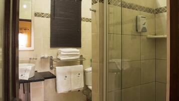 Un baño con ducha de vidrio, lavamanos con toallero y retrete.
