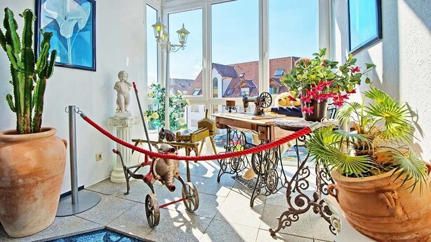 A sunlit room with large windows, a sewing machine, potted plants, and a statue. - Regenbogen Appartement (Bad Krozingen)