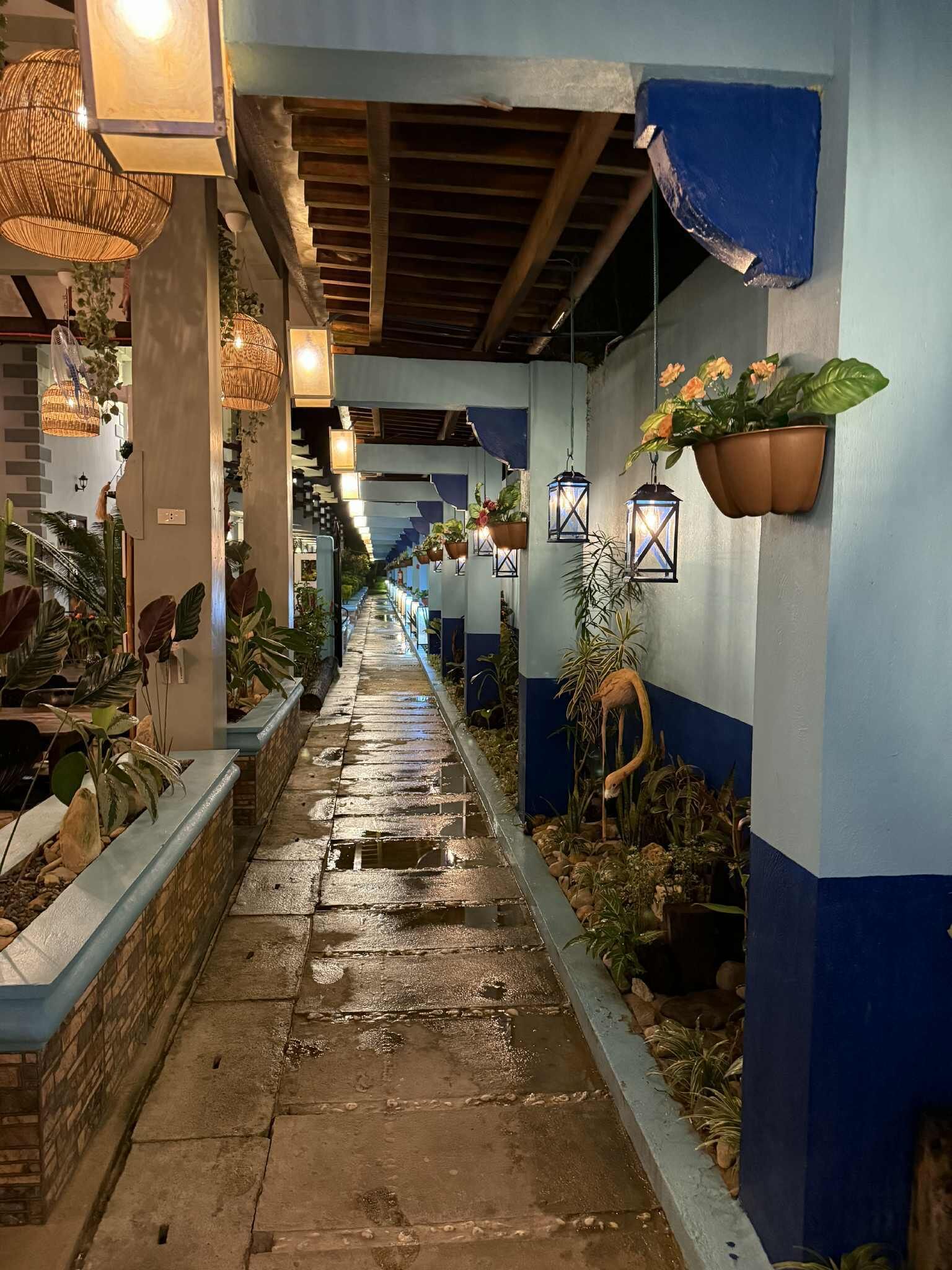 A narrow corridor with hanging plants and lanterns, leading to a staircase.