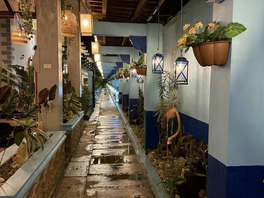 A narrow corridor with hanging plants and lanterns, leading to a staircase.