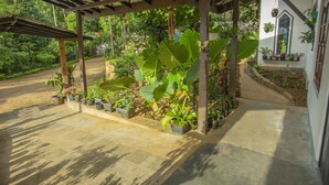 Un espace extérieur abrité, doté d’un sol en béton, entouré de plantes en pot et d’un mur en pierre.