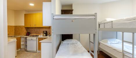 Una cama litera con un área de cocina que incluye un lavamanos, estufa y armarios.