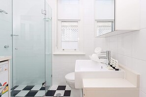 Shower, hair dryer, towels