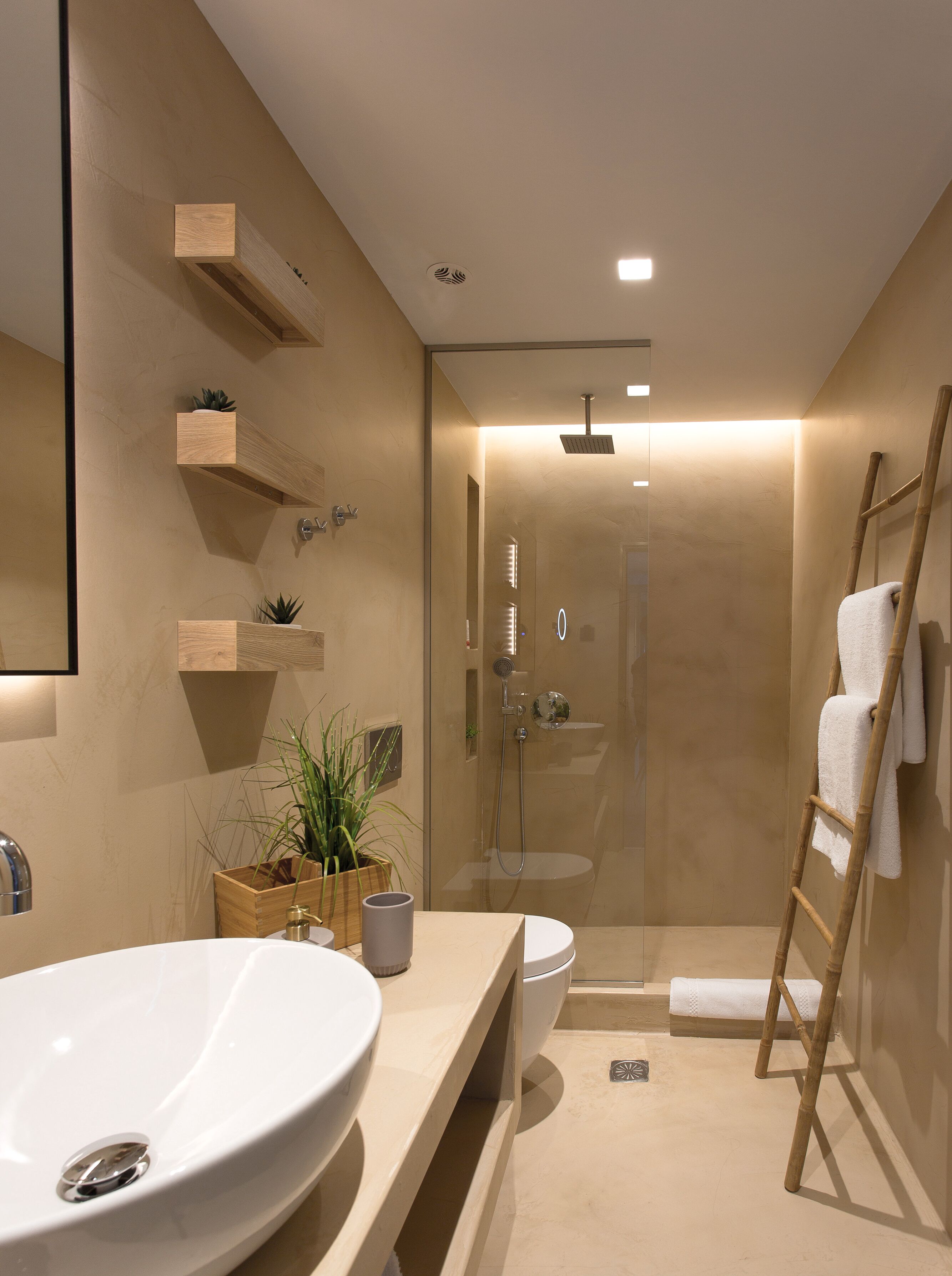 A modern bathroom with a large sink, a toilet, a shower, and a mirror. There are wooden shelves with plants and a ladder for hanging towels.