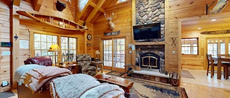 TV, fireplace, DVD player, foosball