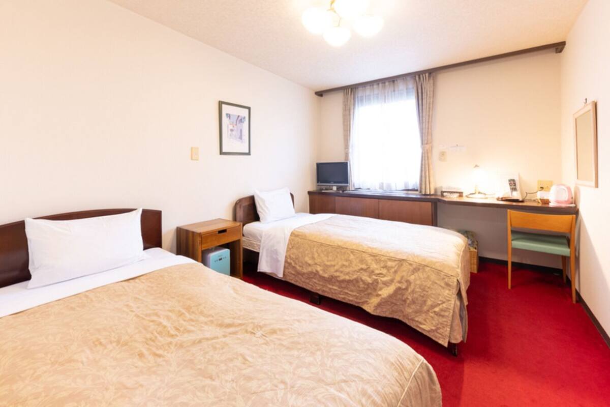 Habitación de hotel con dos camas, un escritorio, una silla, un televisor y una ventana con cortinas.