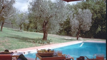 Piscine extérieure, chaises longues
