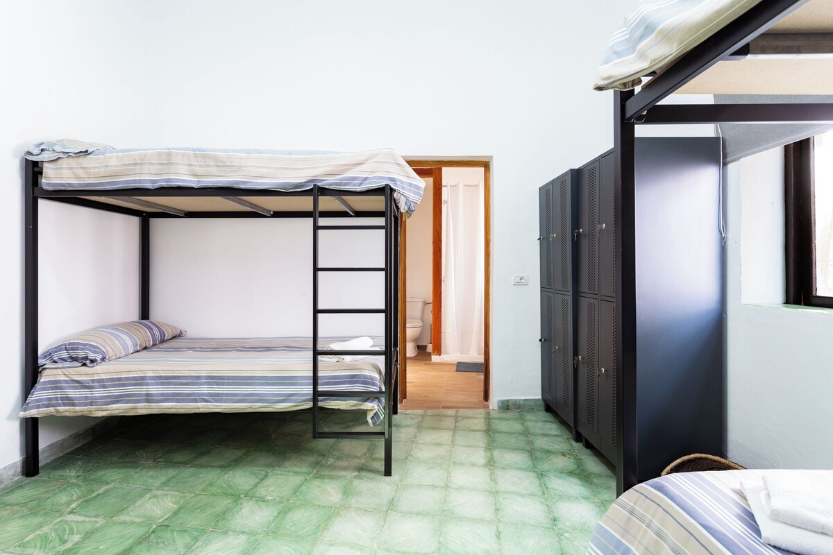 Una cama litera con escalera, un armario y la puerta de un baño.