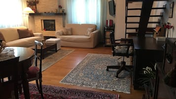 Télévision, cheminée, livres