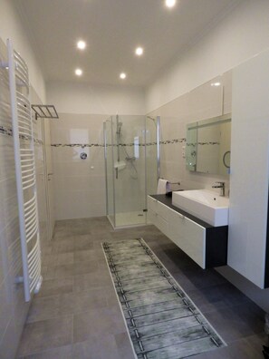 Shower, hair dryer, towels, soap