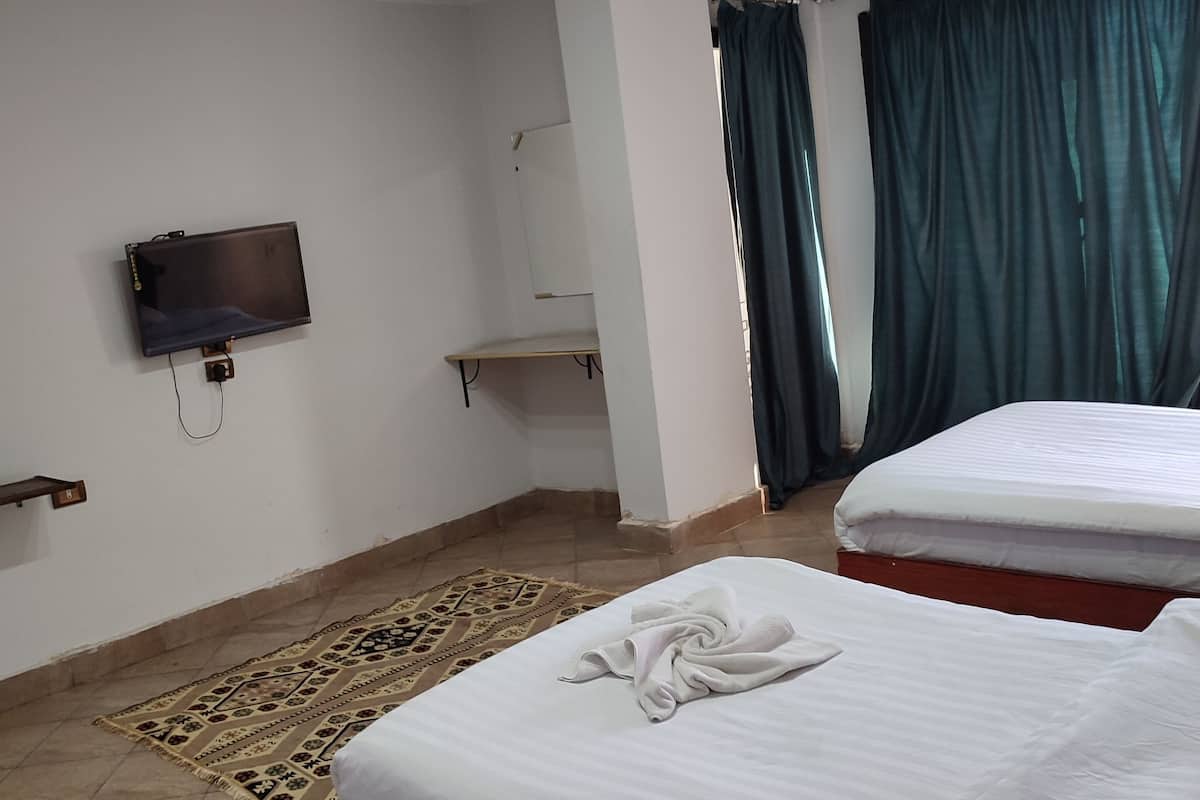 A hotel room with two beds, a TV mounted on the wall, a small shelf, and a patterned rug.