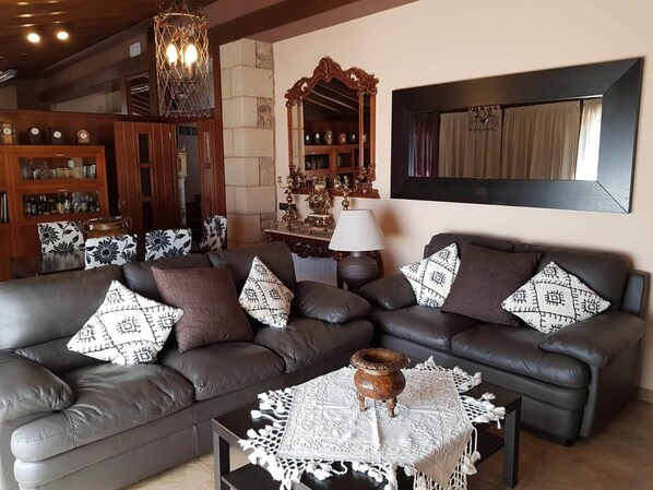 Ein Wohnzimmer mit zwei dunkelbraunen Ledersofas, gemusterten Kissen, einem Holztisch und einem dekorativen Spiegel.