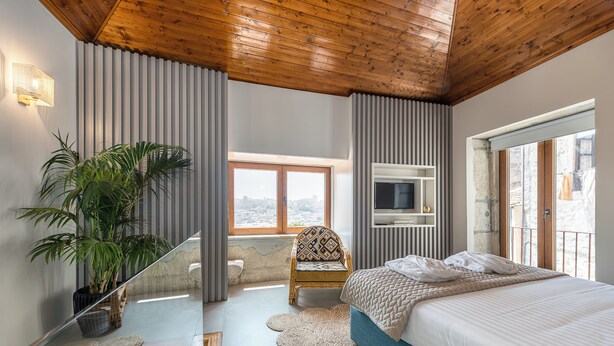 Une chambre à coucher avec un lit, une télévision, une fenêtre, une plante et une chaise.