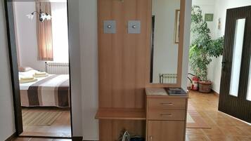 A room with a bed, a wardrobe, a mirror, a radiator, and a potted plant.