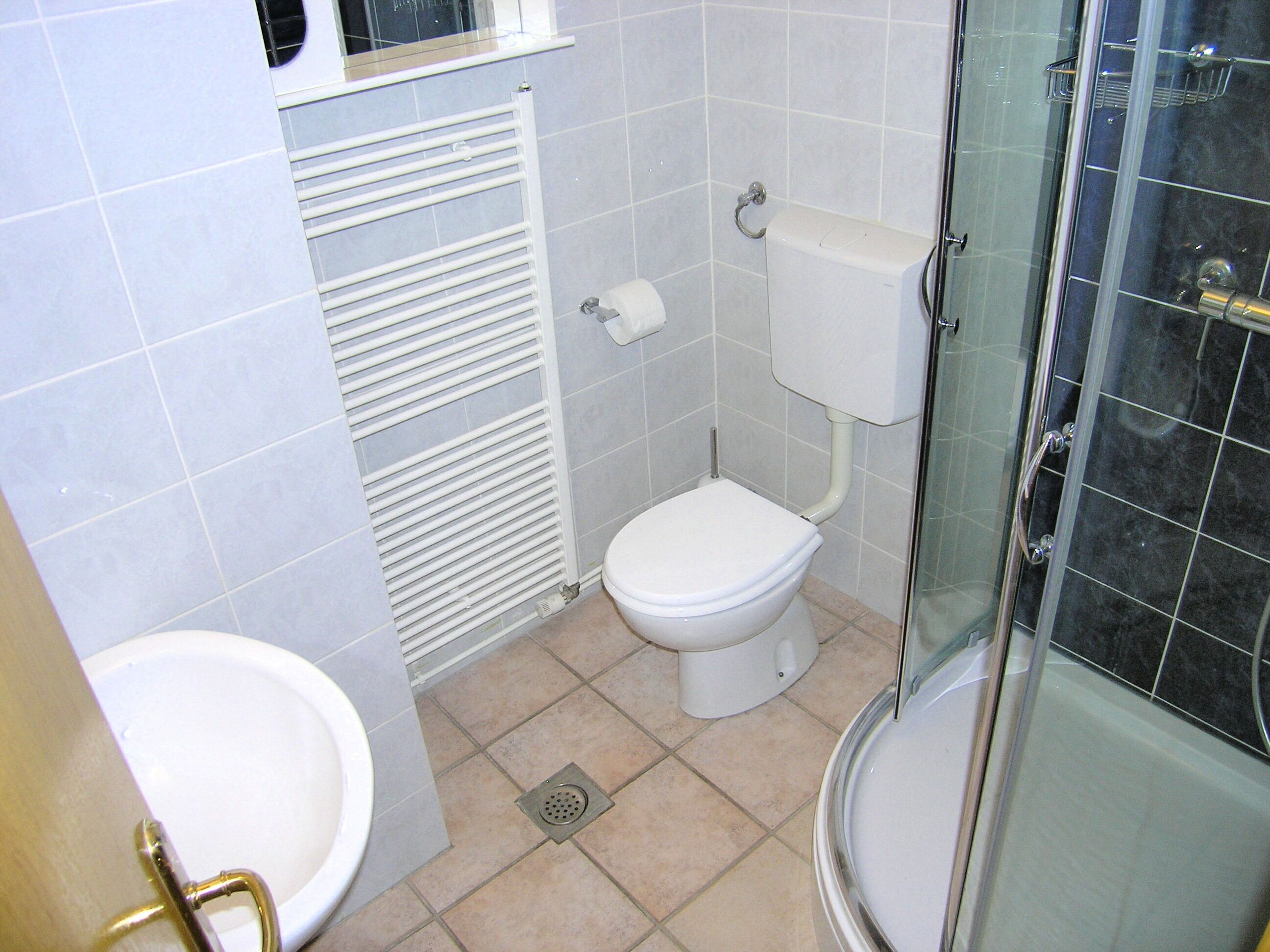 A bathroom with a toilet, sink, and shower.