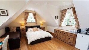 A bedroom with a loft bed, a desk, a dresser, and a small kitchenette. - Hanger Down House Bed and Breakfast (Arundel)