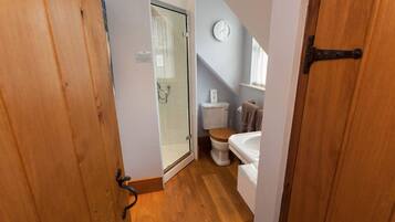 A narrow bathroom with a wooden door, a glass shower enclosure, a toilet, and a sink.