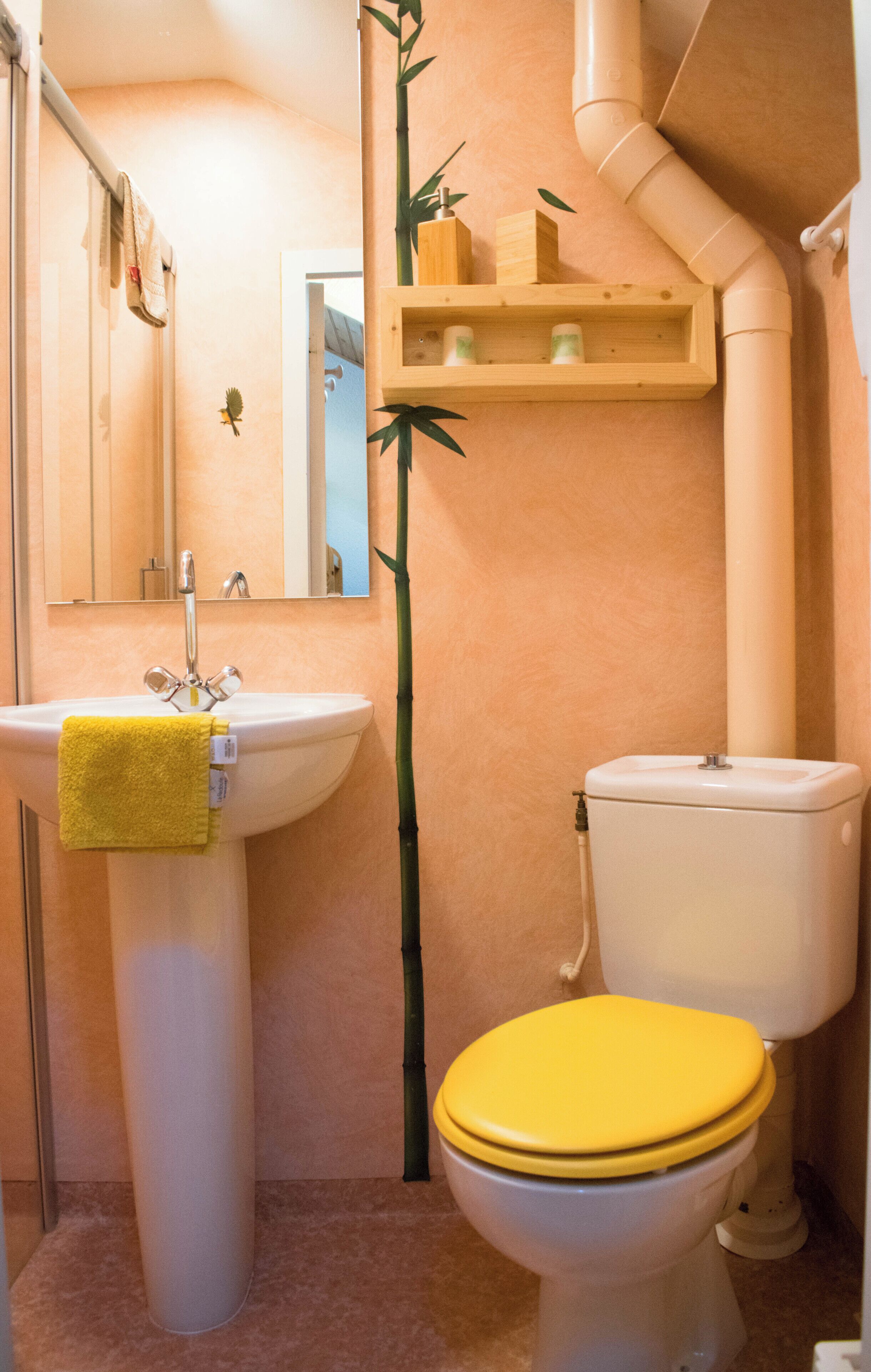 A bathroom with a toilet, sink, mirror, and a bamboo plant.