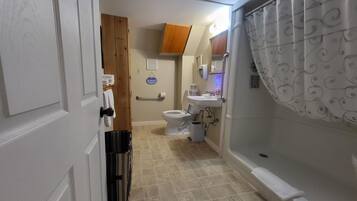 A narrow bathroom with a toilet, sink, and shower area.