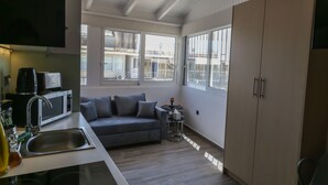 A compact living space with a kitchenette, a grey sofa, a small round table, and a large wardrobe. - Triple A - Evripidou 36 (Athens)