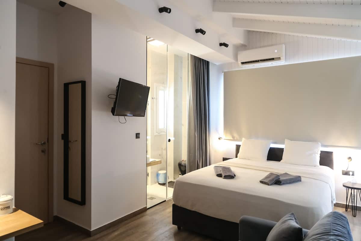 Premium studio, uitzicht op stad | Lakens van Egyptisch katoen, luxe beddengoed, pillowtop-bedden