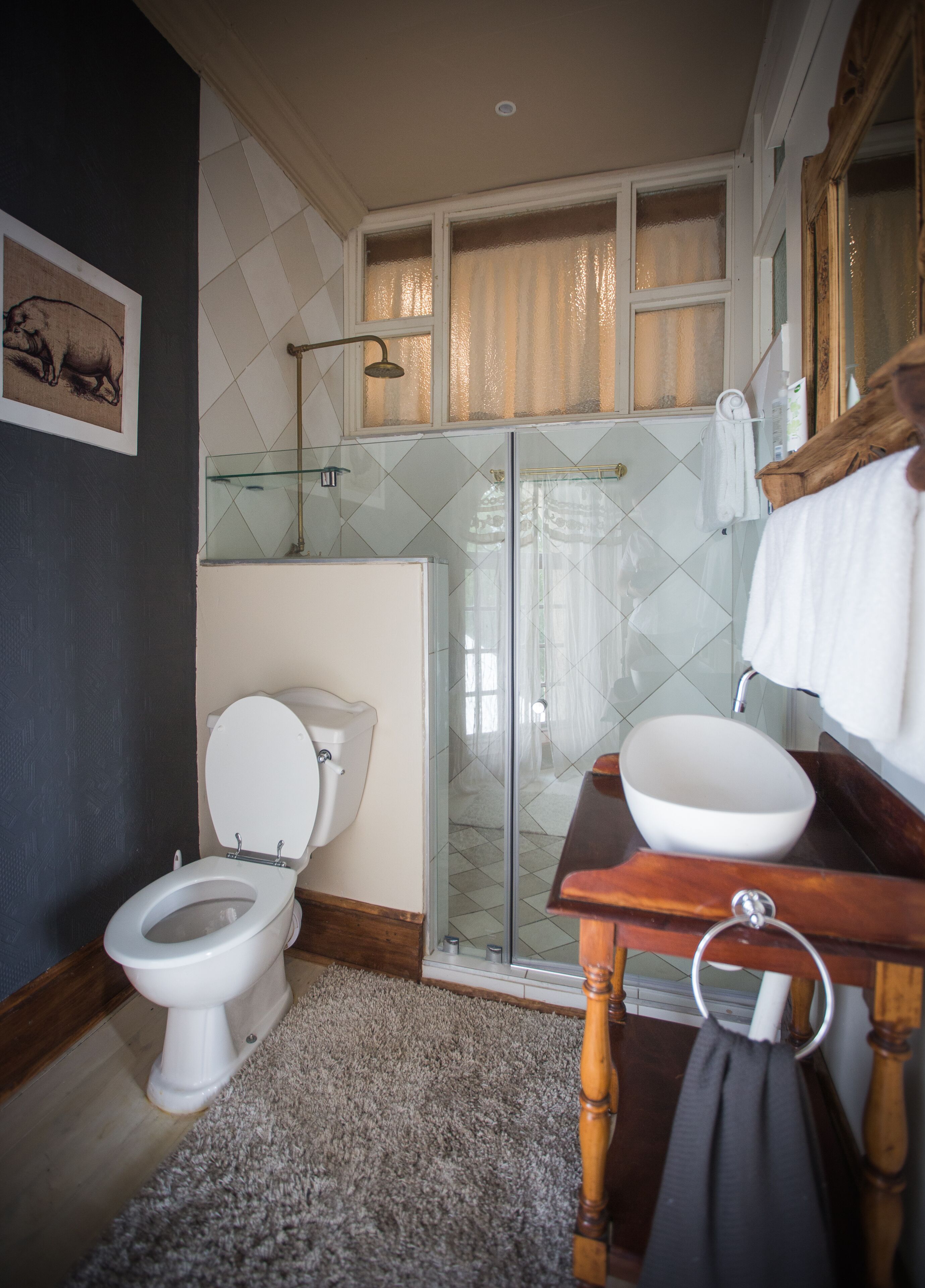 Une salle de bain comprenant des toilettes, une douche à parois de verre, un lavabo avec un meuble-vasque en bois et un miroir.
